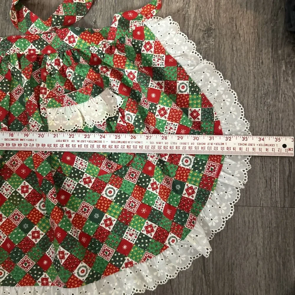 Vintage Handmade Half Apron Edged w/ Eyelet Lace Christmas Pattern/Colors